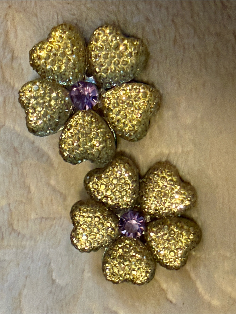 Gold Sparkle Heart Petal Flower Statement Stud Earrings Purple Crystal Center